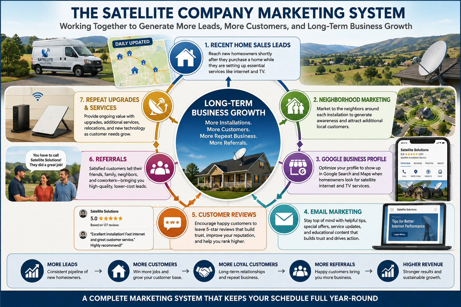 satellite-company-marketing-system-infographic. Infographic illustrating how Recent Home Sales Leads, Neighborhood Marketing, Google Business Profile, email marketing, customer reviews, referrals, and repeat satellite service upgrades work together to generate long-term business growth for satellite installation companies.