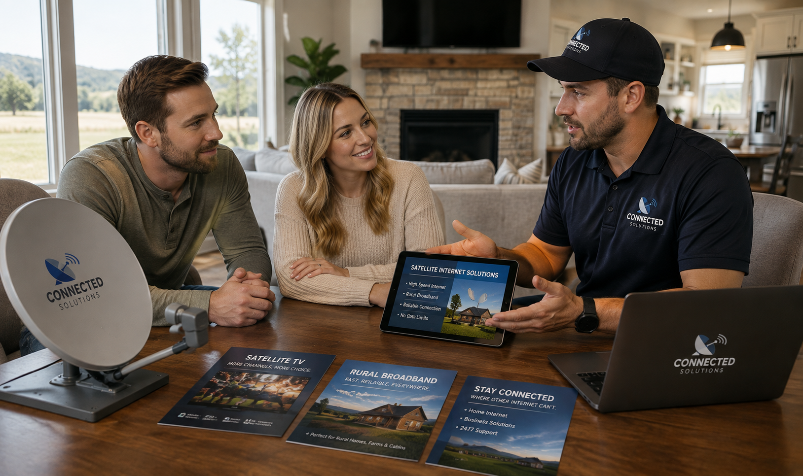 satellite-technician-consulting-homeowners Professional satellite installation technician meeting with new homeowners to discuss satellite internet, television service, and rural broadband options shortly after purchasing their home.