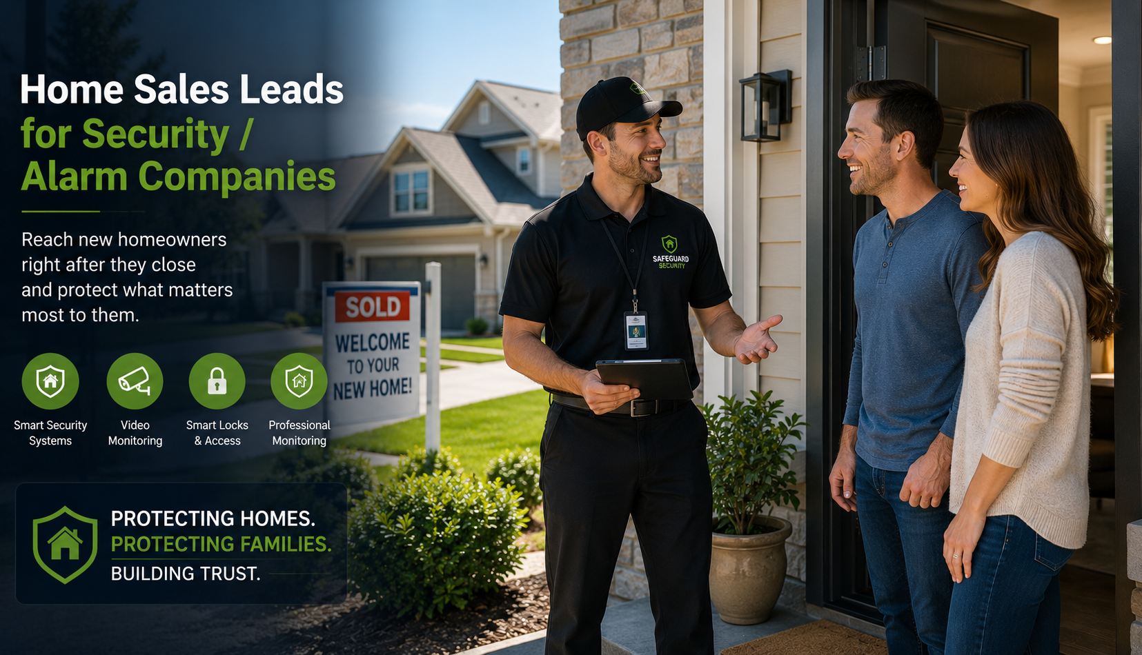 Professional home security consultant arriving at a recently purchased home to discuss smart security systems with new homeowners.