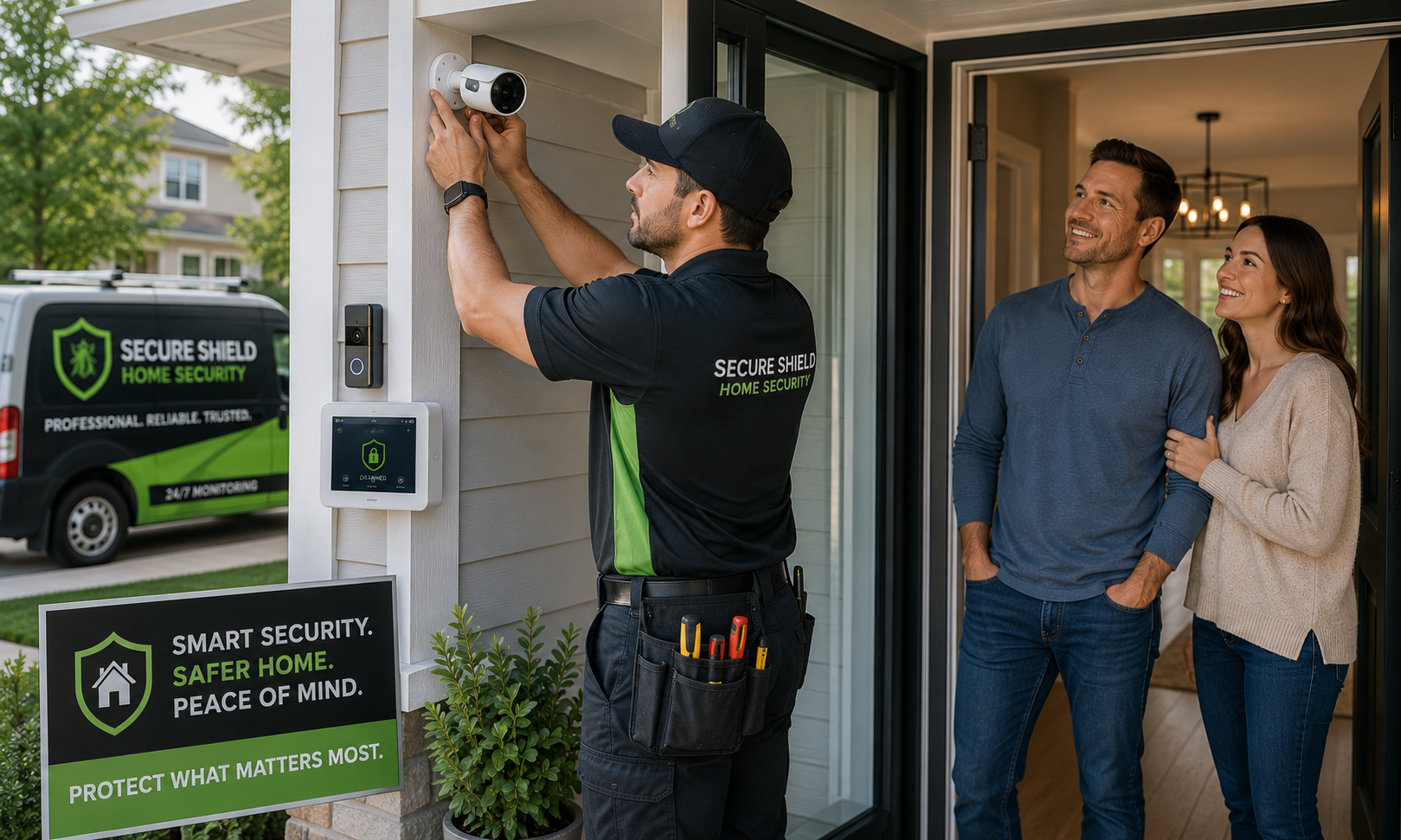 Professional security technician installing smart home security equipment in a recently purchased home.