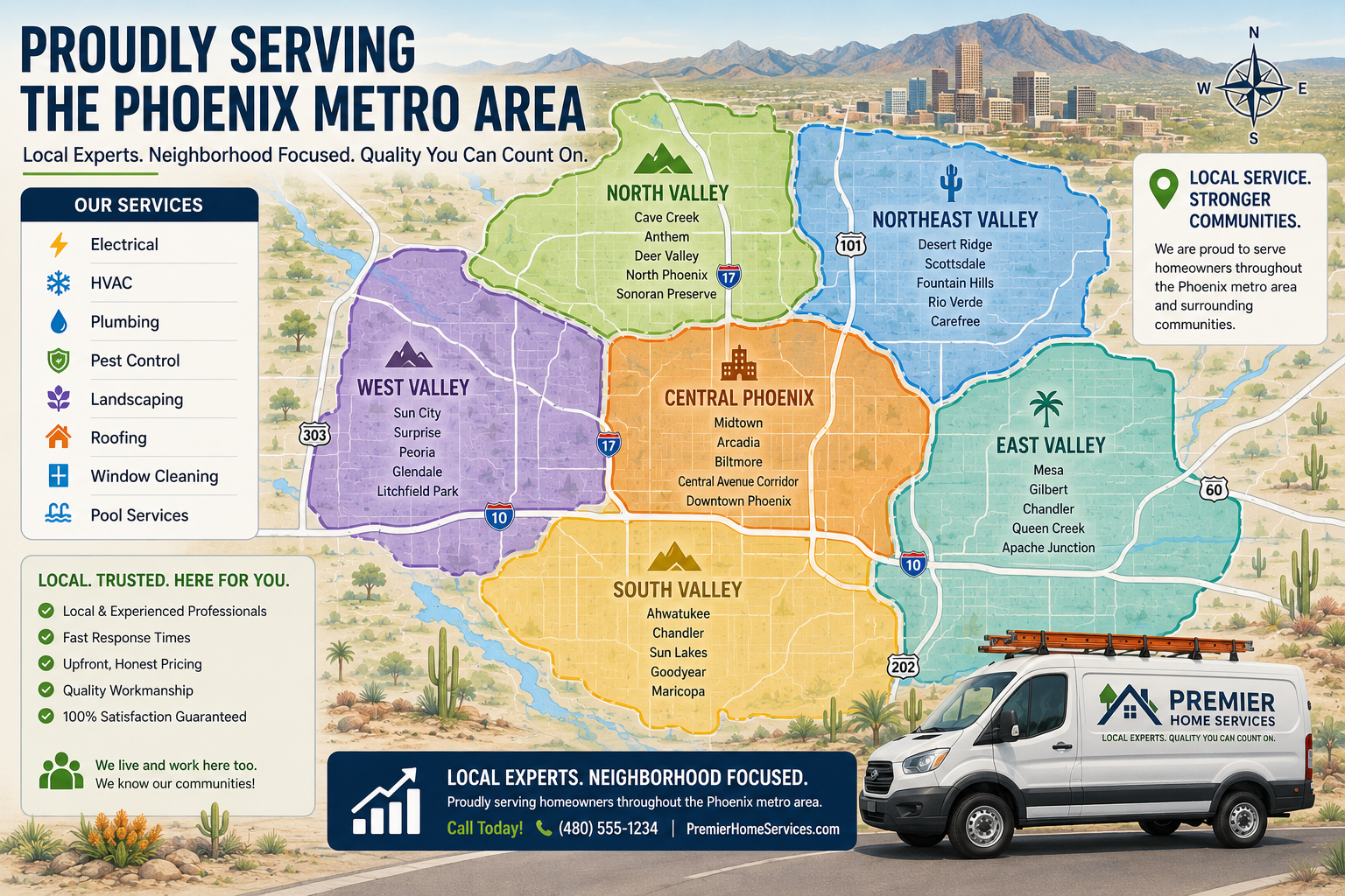 Illustrated map highlighting multiple contractor service areas and neighborhoods served.
