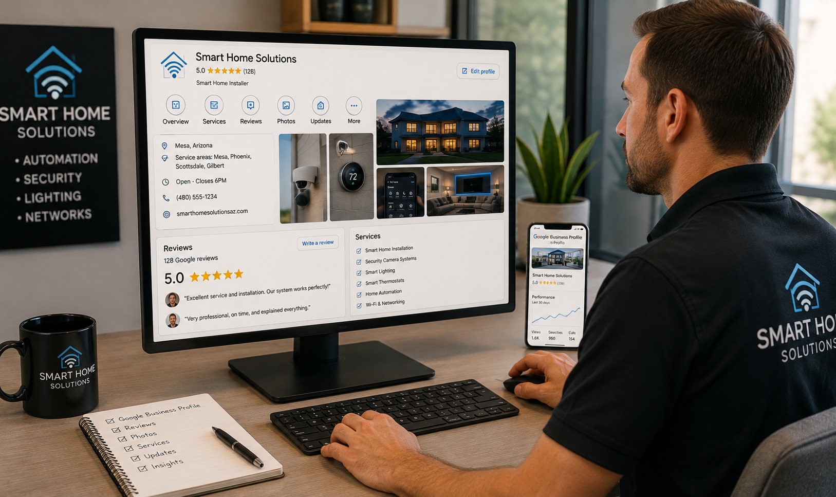 Professional smart home installation company reviewing its Google Business Profile with customer reviews, project photos, service information, and local search visibility.