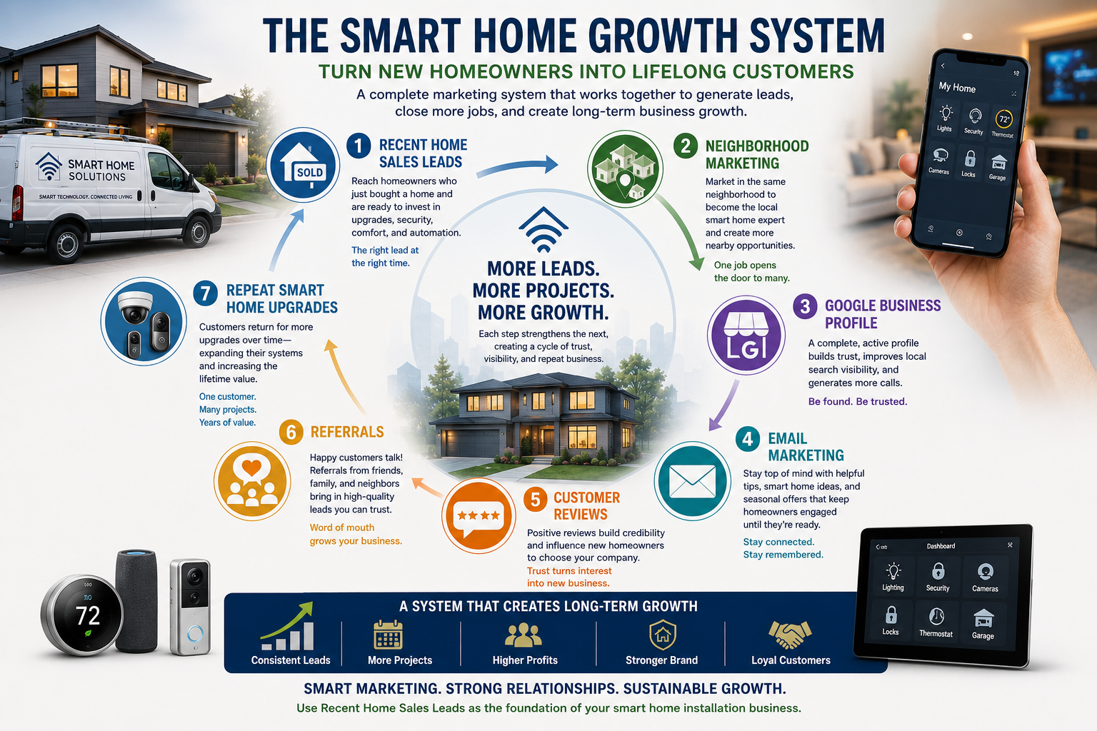 Smart home installation service vehicle parked in a neighborhood while a technician visits a recently purchased home and nearby homeowners see the company working in the area.