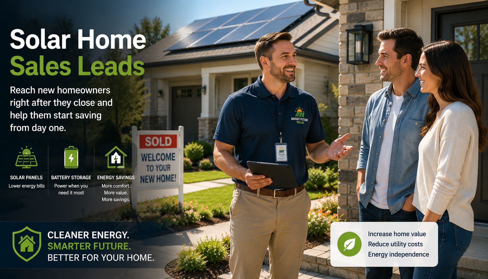 Professional solar energy consultant arriving at a recently purchased home to discuss solar panels, battery storage, and energy savings with new homeowners.