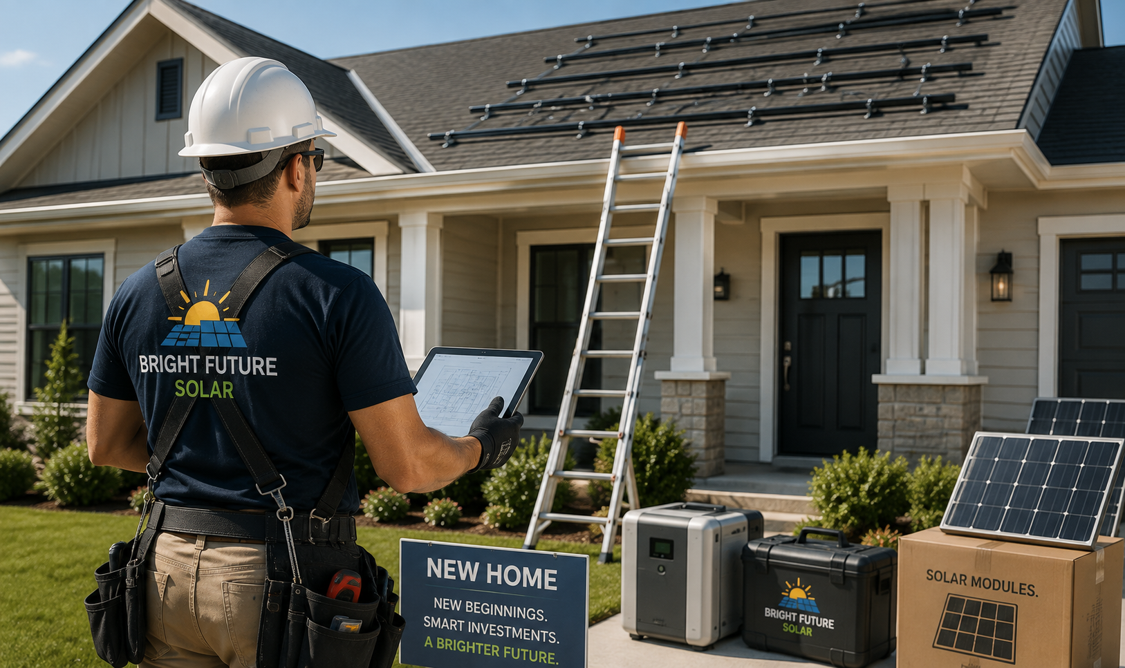 Professional solar installation technician preparing a recently purchased home for rooftop solar panels and energy improvements.