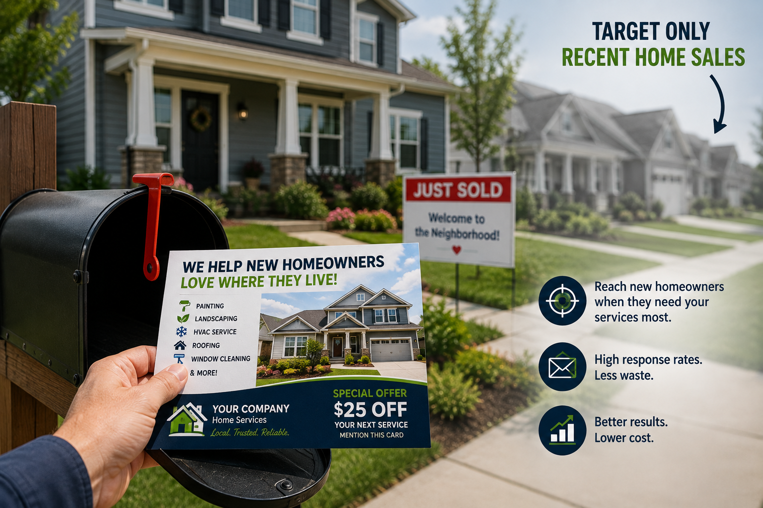 Targeted contractor postcard delivered to a recently purchased home using recent home sales marketing instead of mass mailing.