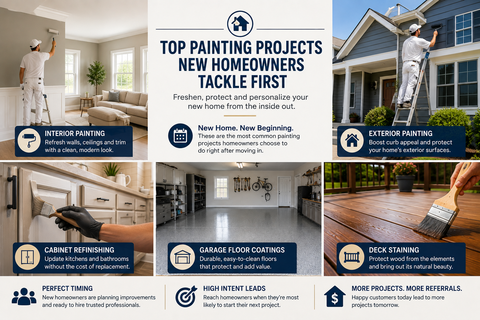 Collage illustrating the most common painting projects new homeowners complete after purchasing a home, including interior painting, exterior painting, cabinet refinishing, garage floor coatings, and deck staining.