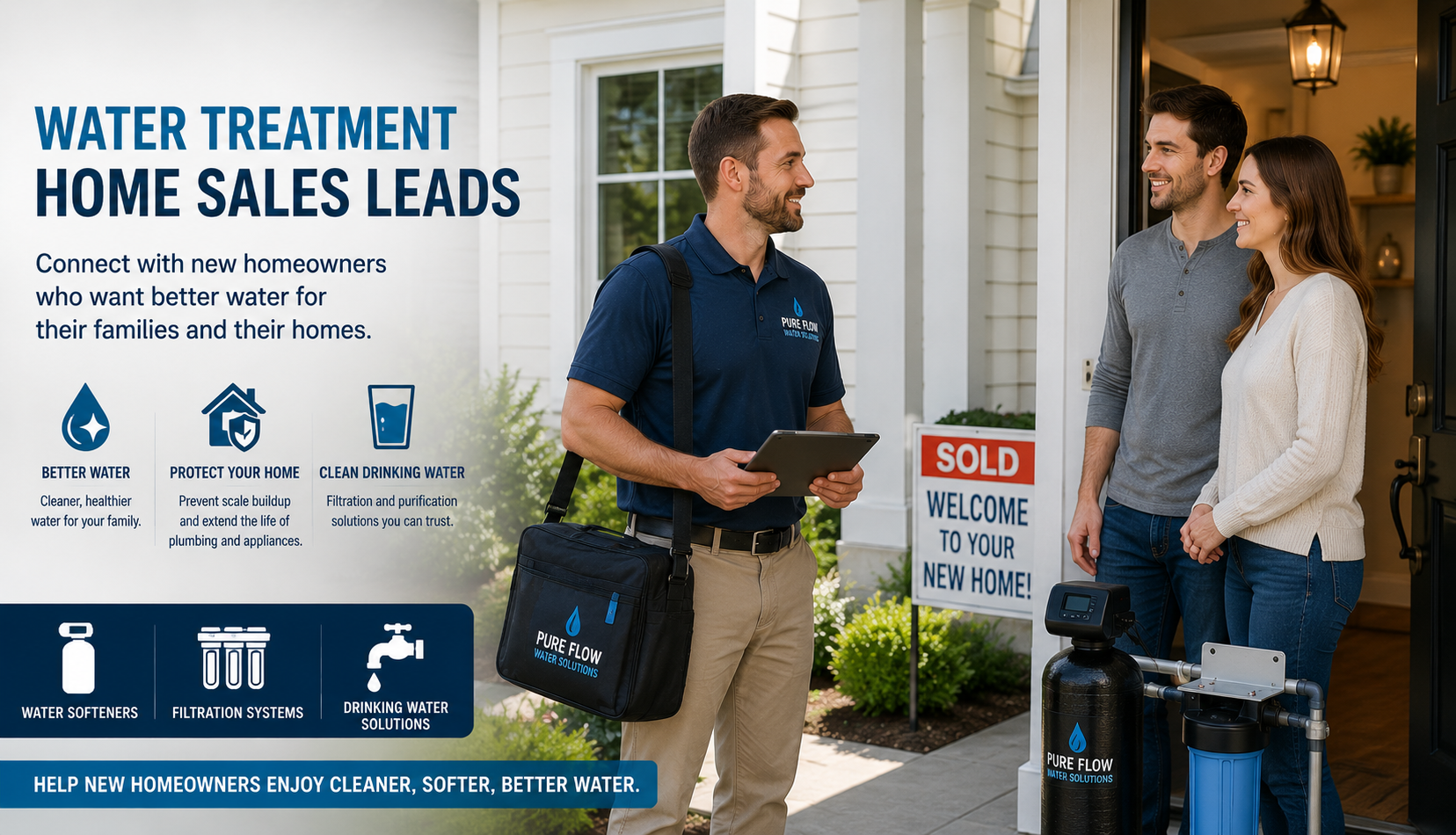 Professional water treatment consultant arriving at a recently purchased home to discuss water softeners, filtration systems, and clean drinking water with new homeowners.
