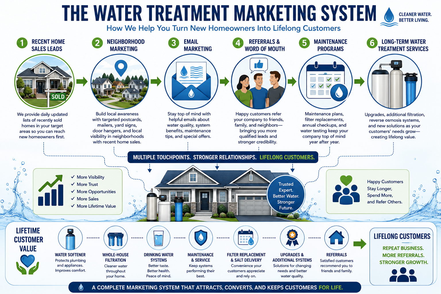 Infographic illustrating how Recent Home Sales Leads, Neighborhood Marketing, Email Marketing, referrals, maintenance programs, and long-term water treatment services work together to create lifelong customers.