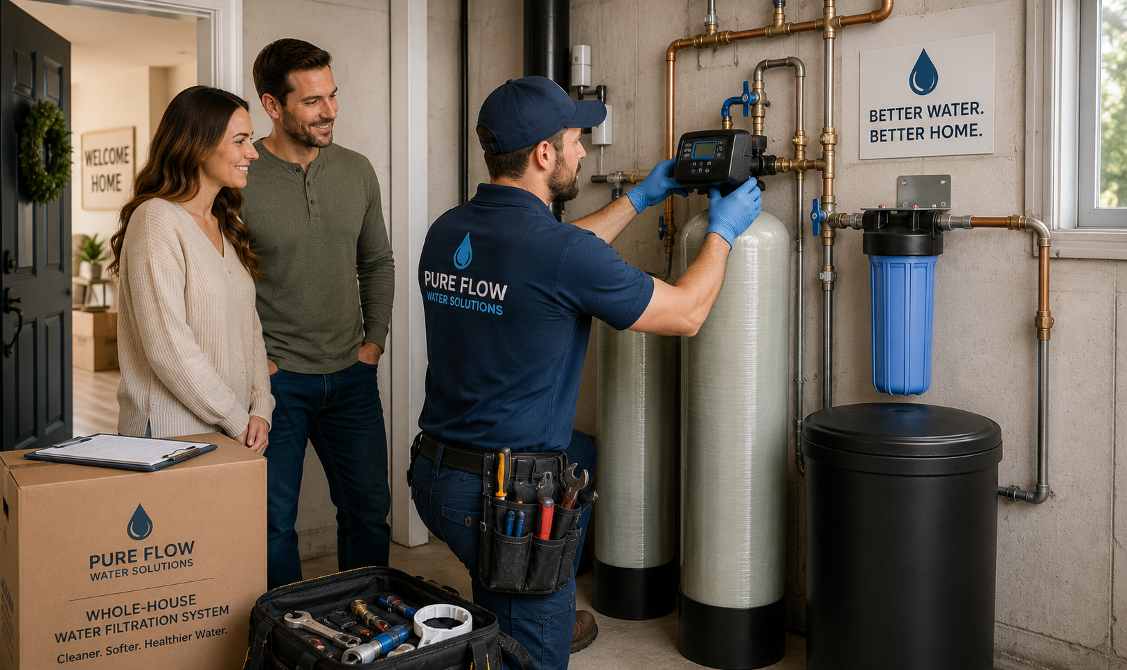 Professional water treatment technician installing a whole-house water filtration and softener system at a recently purchased home.