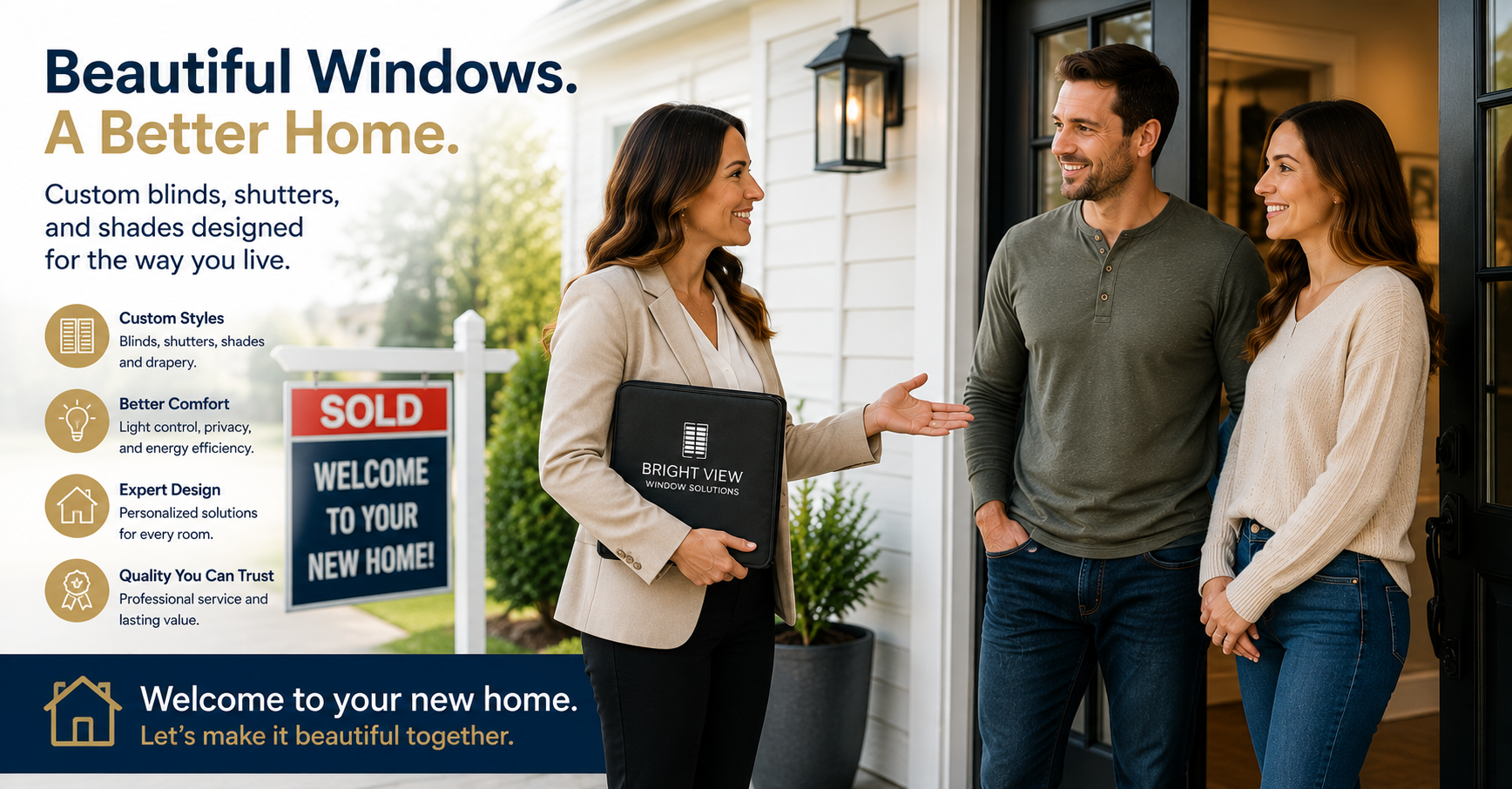 Professional window treatment consultant arriving at a recently purchased home to discuss custom blinds, shutters, and shades with new homeowners.