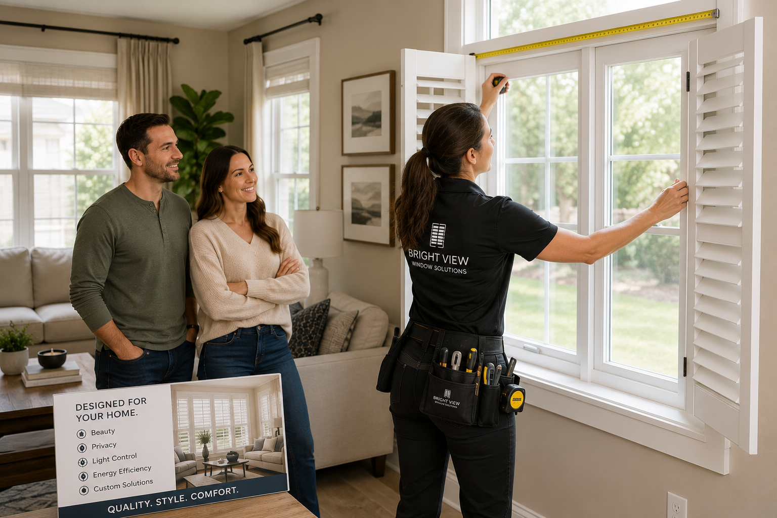Professional window treatment installer measuring and installing custom plantation shutters and window coverings in a recently purchased home.
