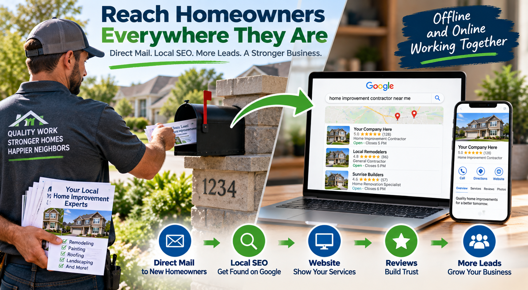 Contractor combining direct mail and local SEO to reach homeowners online and at home.
