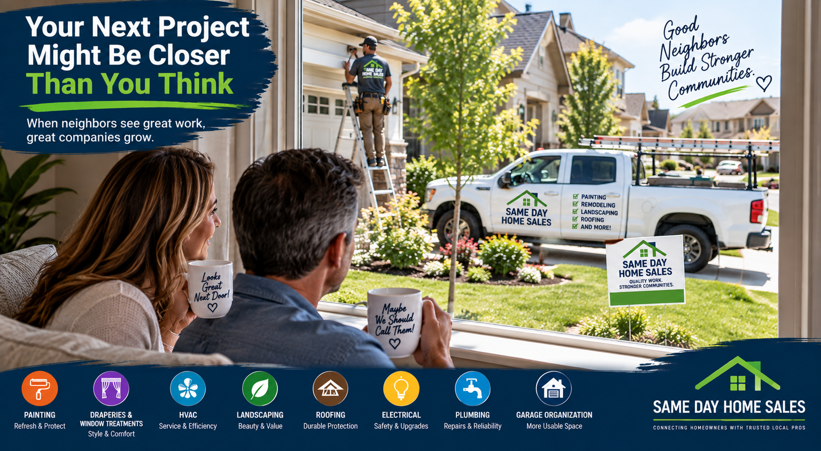 Contractor completing a home improvement project while nearby homeowners notice the company's vehicle, yard sign, and completed work.