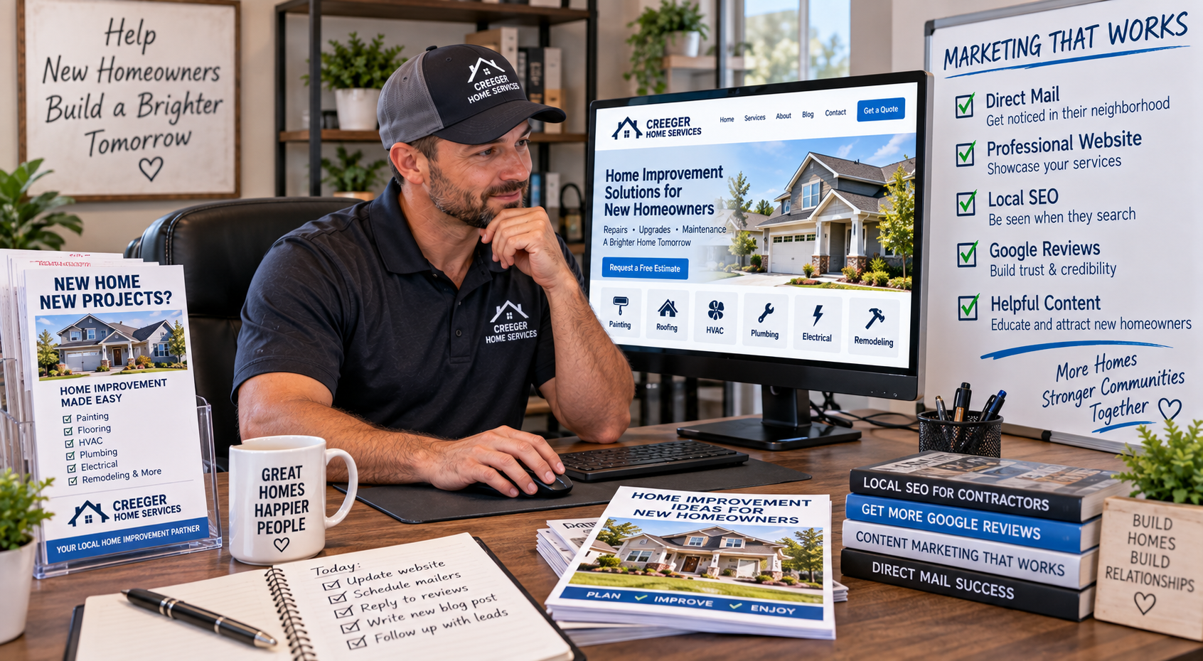 Contractor marketing home improvement services to new homeowners through direct mail, a professional website, Local SEO, Google reviews, and helpful content.