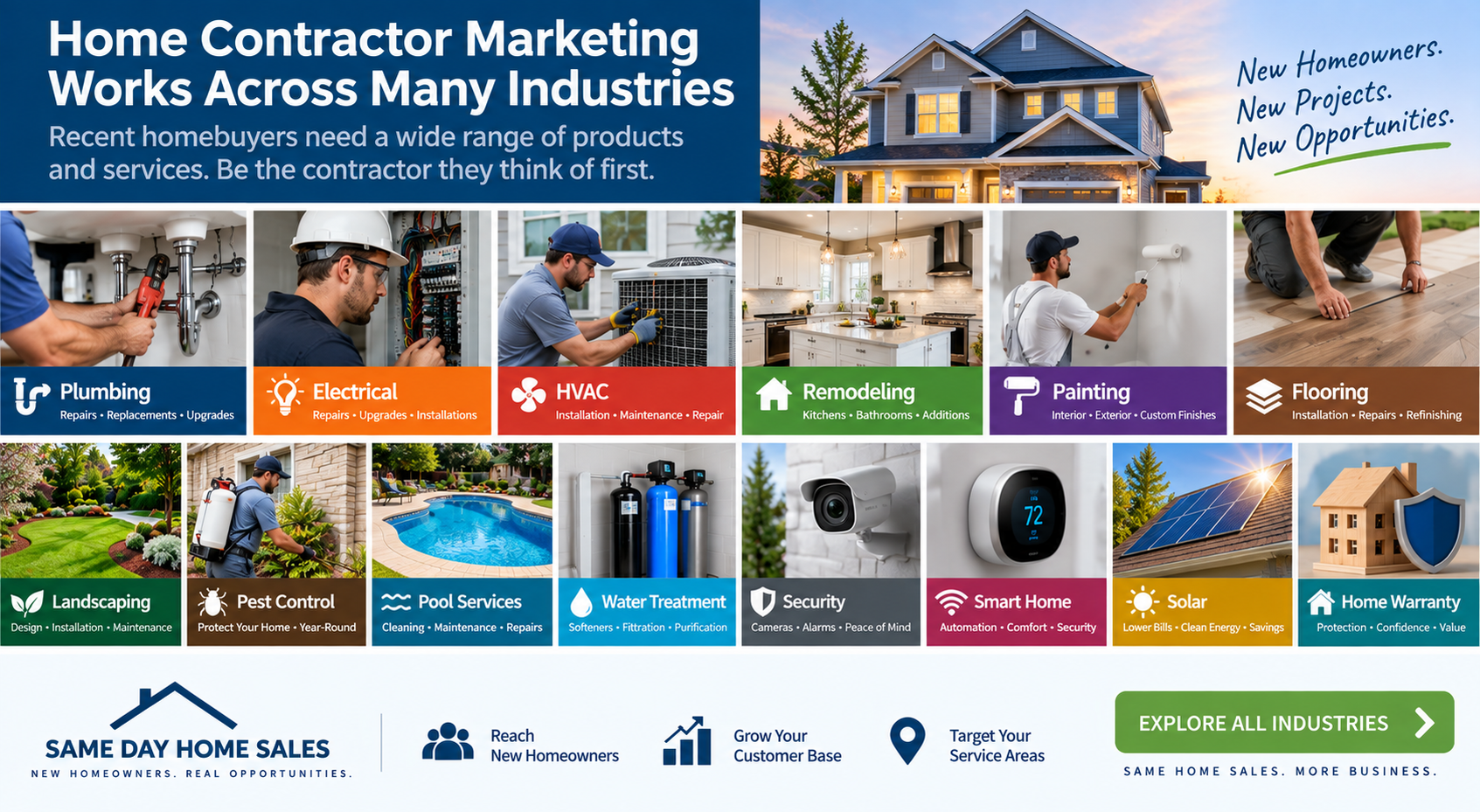Home contractor marketing across plumbing, electrical, HVAC, remodeling, landscaping, security, solar, and other home service industries