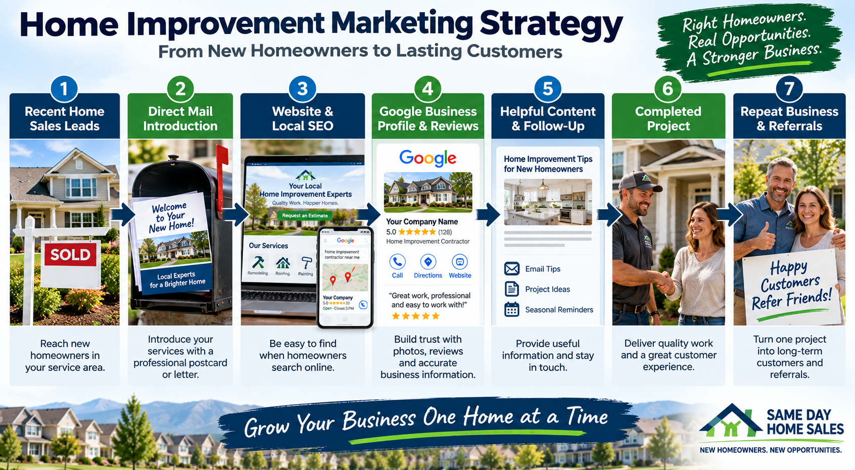 Infographic showing home improvement marketing strategies from recent homeowner leads through repeat business and referrals.