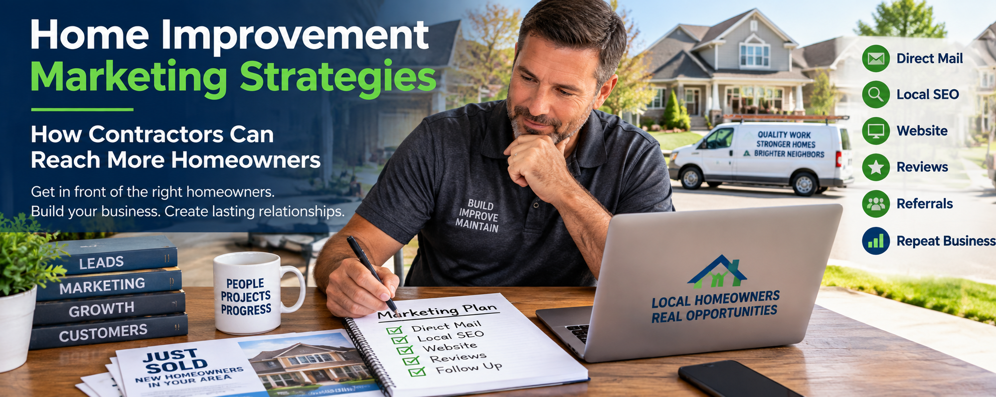 Home improvement contractor planning marketing strategies to reach local homeowners.