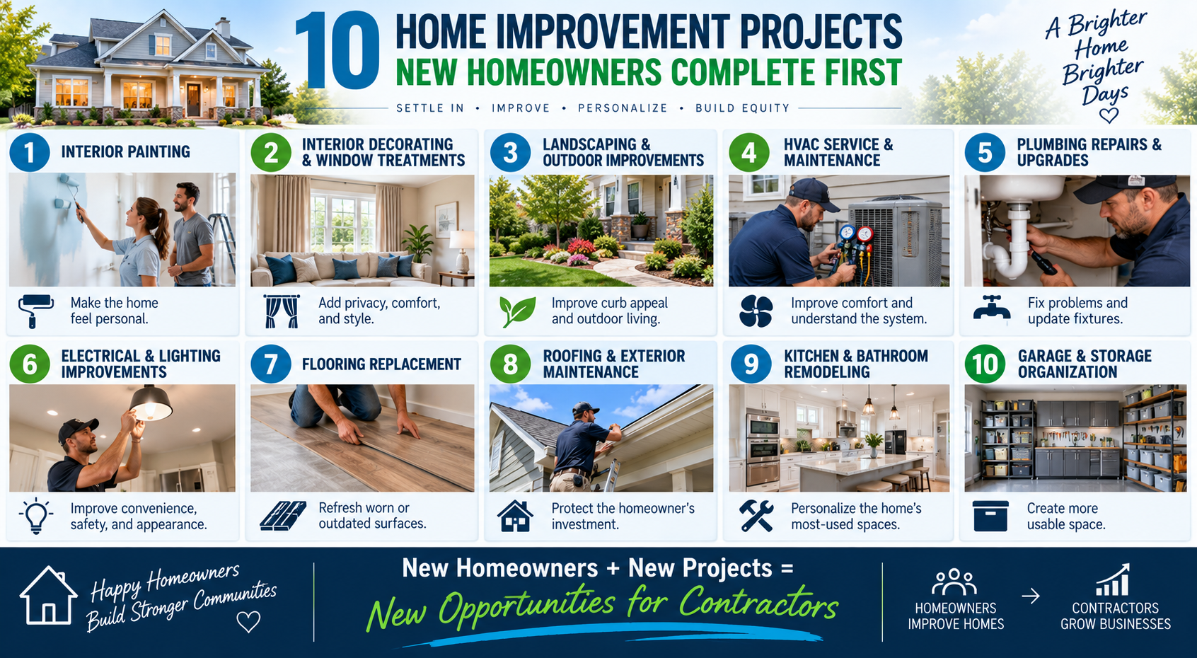 Infographic showing 10 home improvement projects new homeowners commonly complete, including painting, decorating, landscaping, HVAC, plumbing, electrical, flooring, roofing, remodeling, and storage.