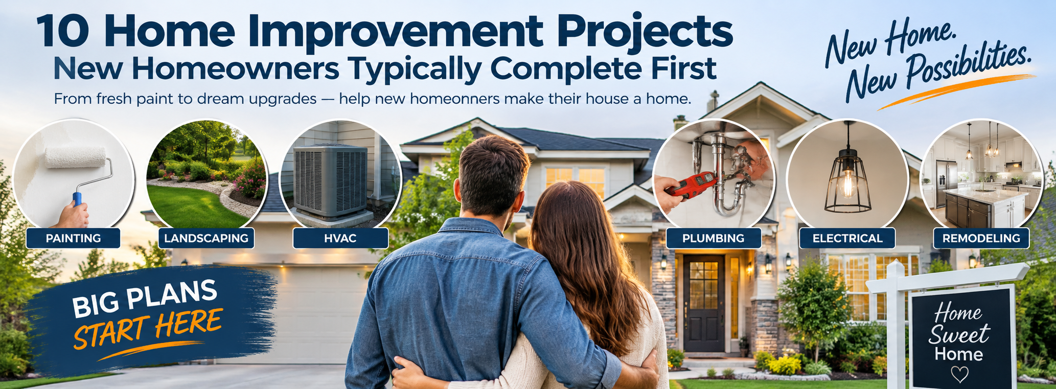 Home improvement projects new homeowners are planning after purchasing a home, including painting, landscaping, HVAC, plumbing, electrical work, and remodeling.