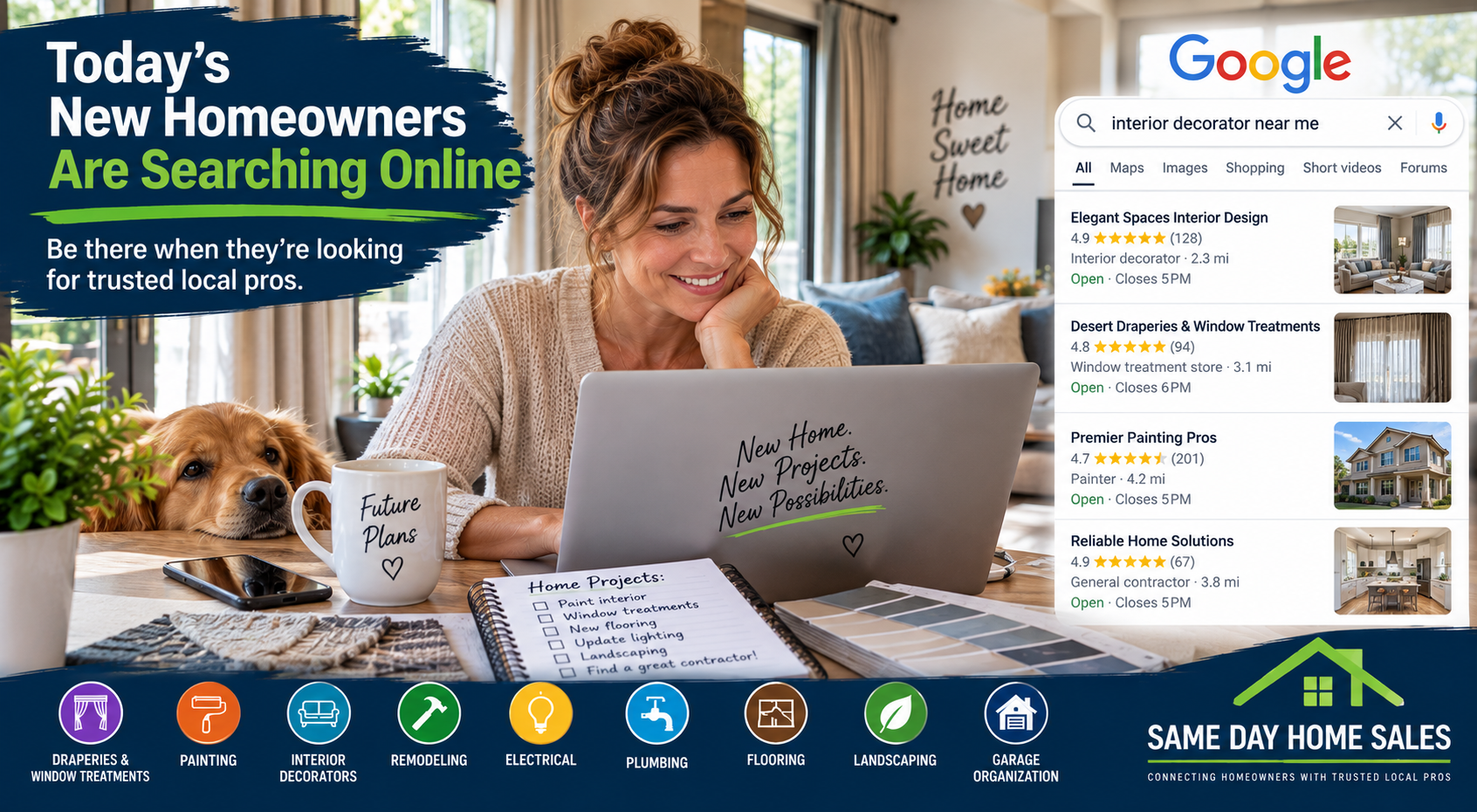 New homeowner searching Google for local contractors while comparing customer reviews, ratings, services, and nearby home improvement companies.