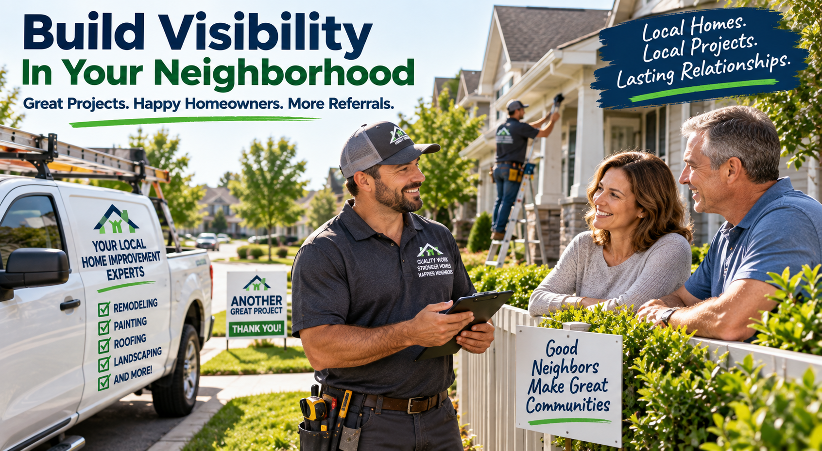 Home improvement contractor building visibility with homeowners throughout a local neighborhood.