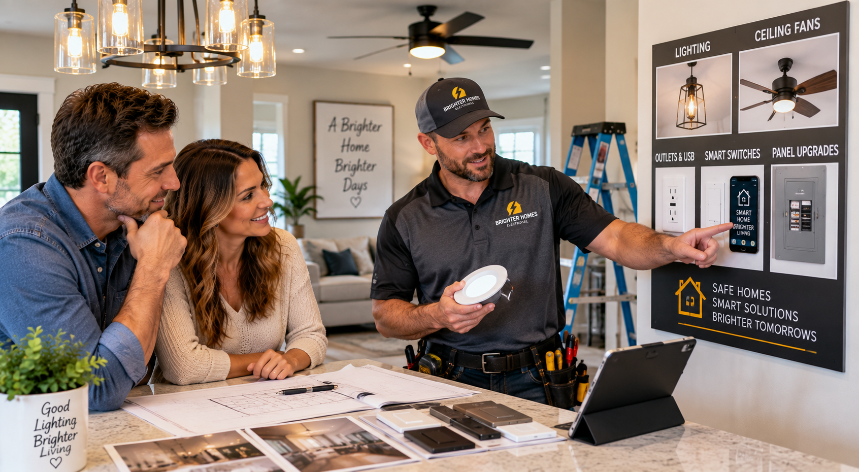 Electrician discussing lighting, outlets, ceiling fans, smart switches, and electrical upgrades with new homeowners.