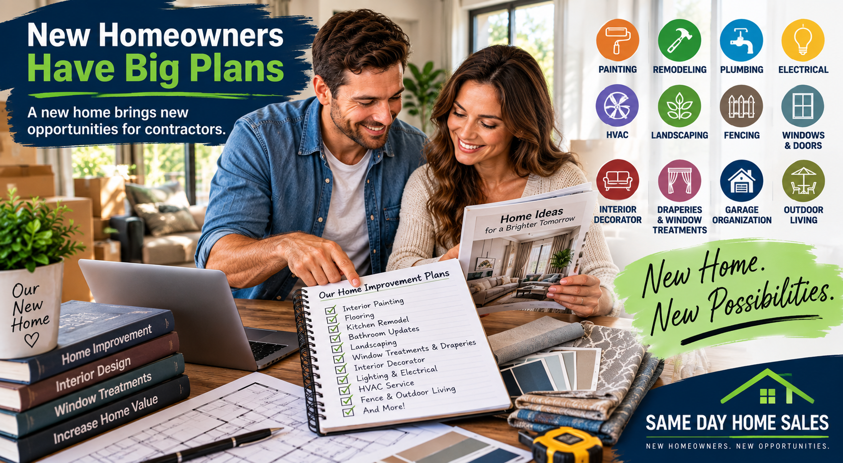 New homeowners reviewing a list of home improvement, maintenance, landscaping, HVAC, painting, plumbing, and remodeling projects after purchasing their home.