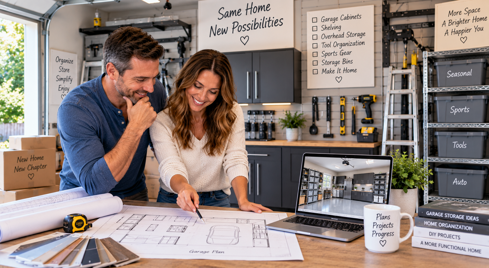 New homeowners planning garage cabinets, shelving, storage, organization, and other home improvement projects after moving in.