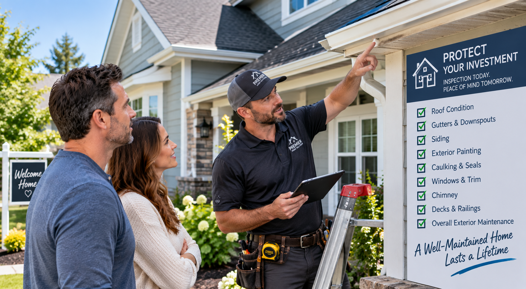 Contractor inspecting a new homeowner's roof, gutters, siding, and exterior maintenance needs after the home purchase.